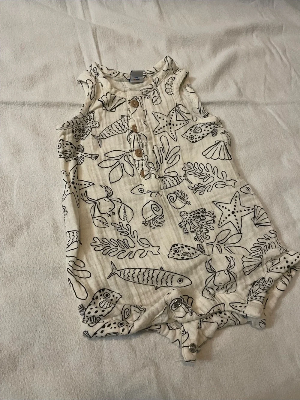 Old Navy Cream and Black Seashell Print Button Romper